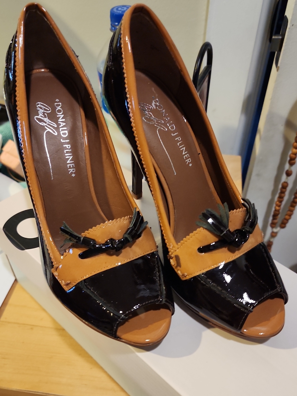 Donald J. Pliner Black and Tan Patent Peep-Toe Pumps